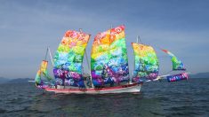 【熊本】不知火海の伝統的『うたせ船』が虹色の帆に　地元小学生のデザイン